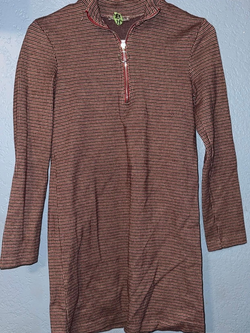 Zara Long-Sleeve Half-Zip Dress in Rust and Black Micro-Check